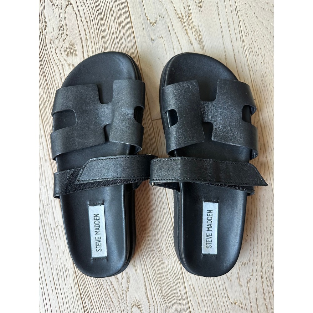 Steve Madden Mayven Black Leather H-Strap Slide Sandals Womens 6.5M MAYV01S1